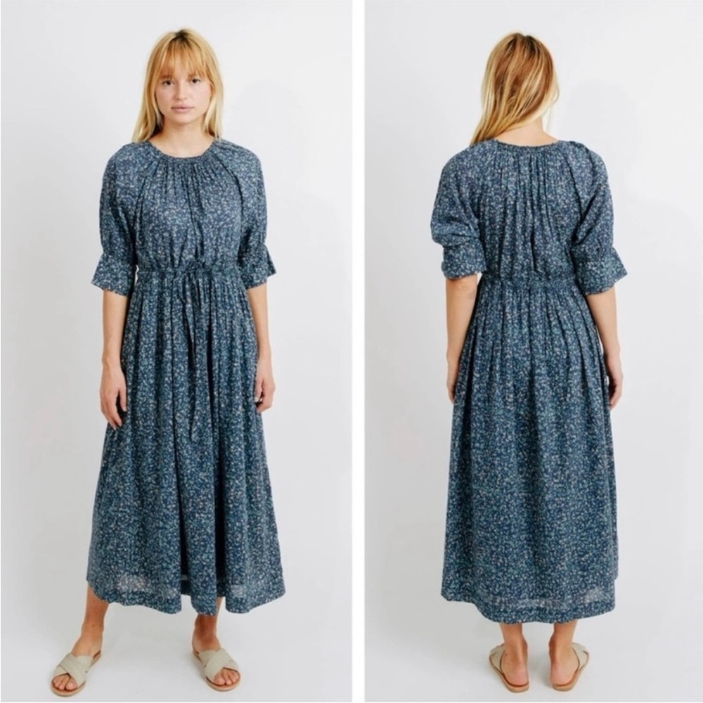 Blue Floral Midi Dress with Drawstring Waist